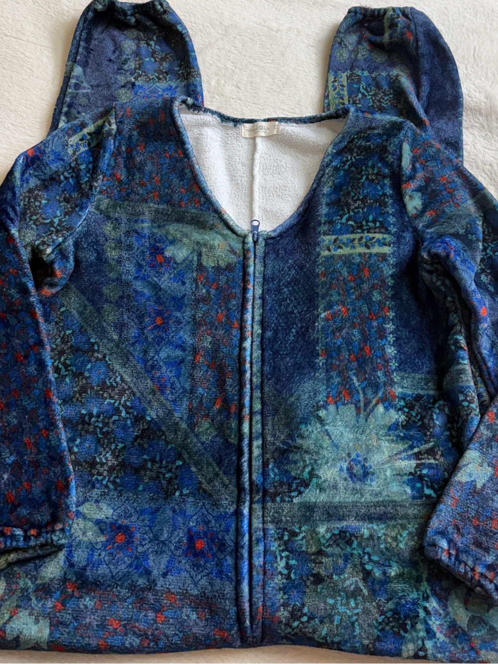 Natural Life Blue Patchwork Floral Fleece One Piece Pajama Jumpsuit Small - Picture 3 of 9